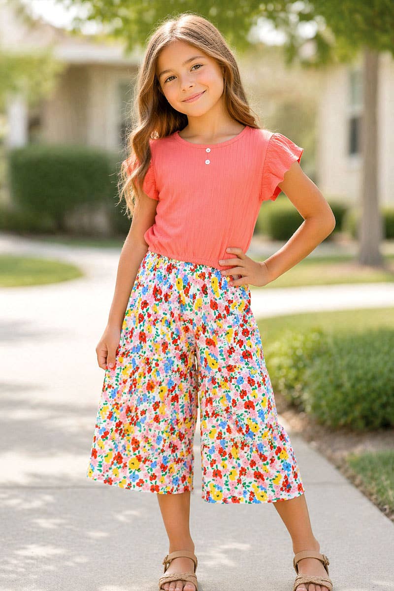 GKSS-L23-3101B-514 Girl's 2 pc Floral Gaucho Flare Set