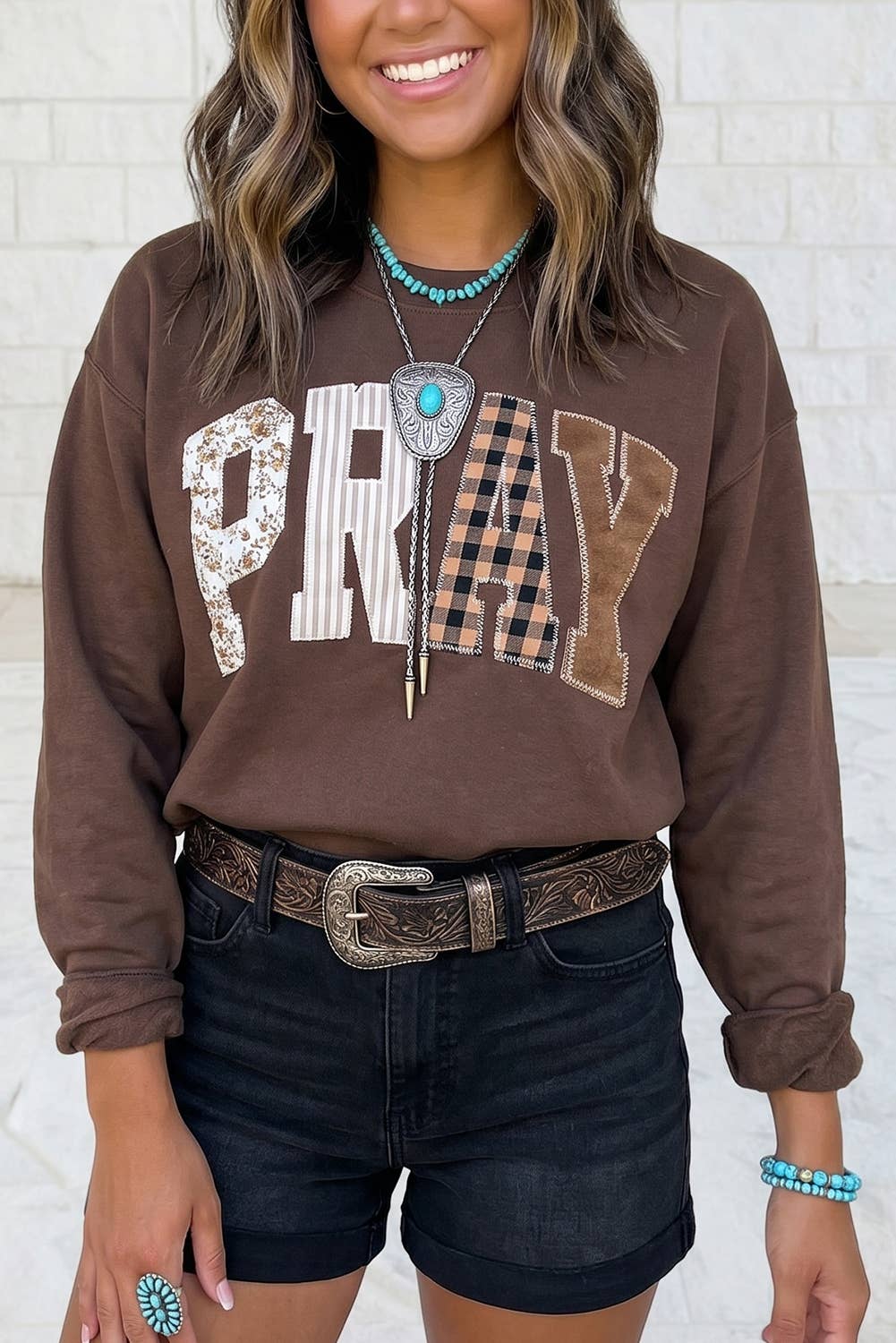 PRAY Letter Embroidered Western Pullover Sweatshirt S-4X