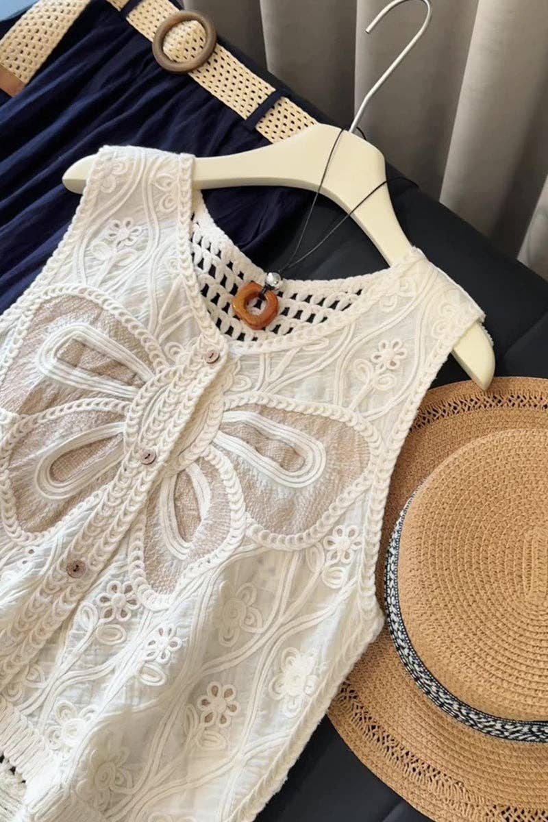 Buttoned Lace Top with Crochet Details