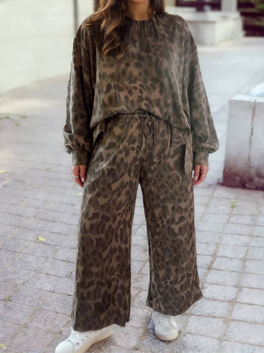 Leopard Raw Seam Patchwork Pullover Drawstring Pant Set