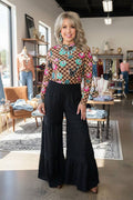 Western solid black wide leg women's boutique pant XCH17319