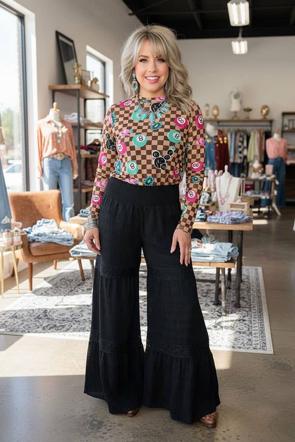 Western solid black wide leg women's boutique pant XCH17319