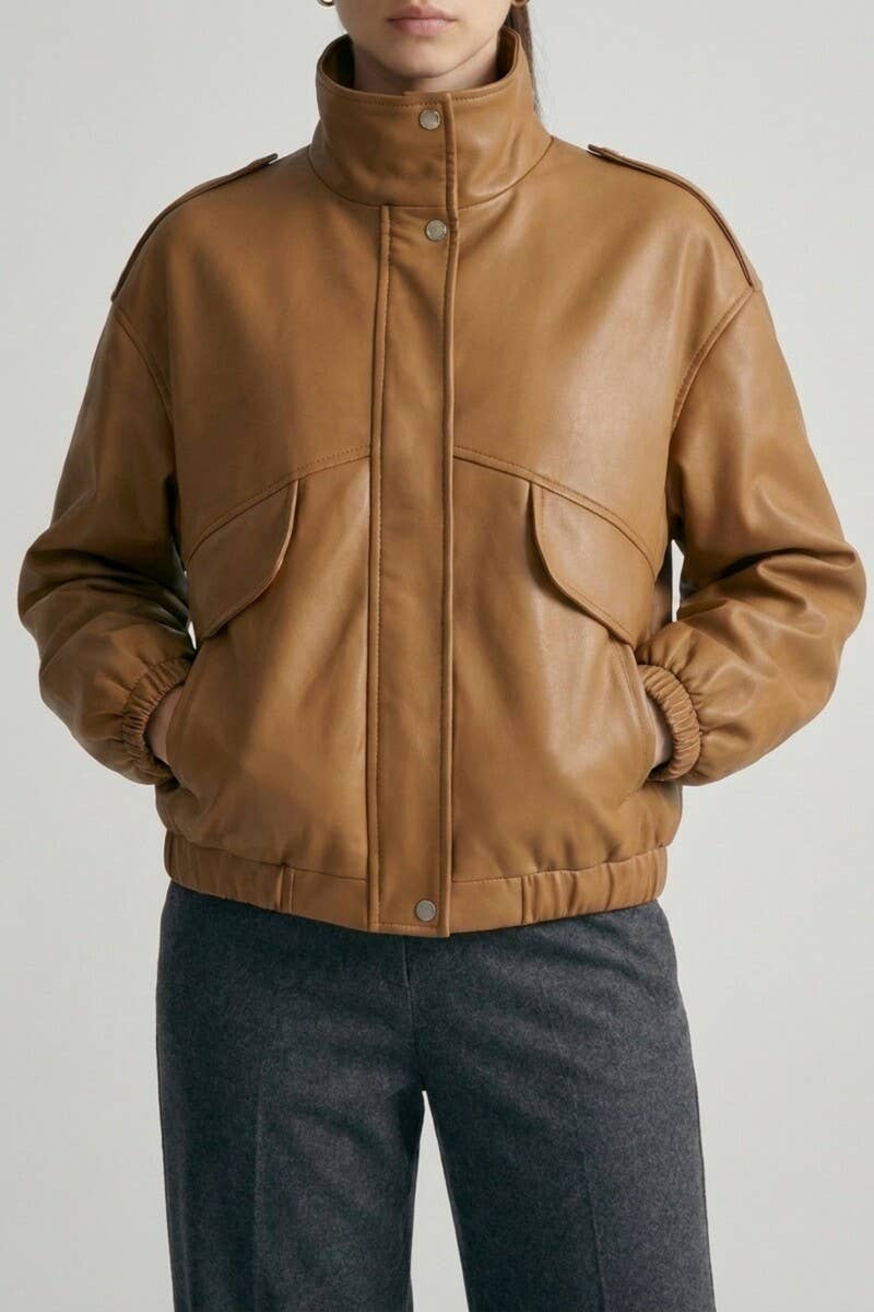 Faux Leather Bomber Jacket w/ pockets