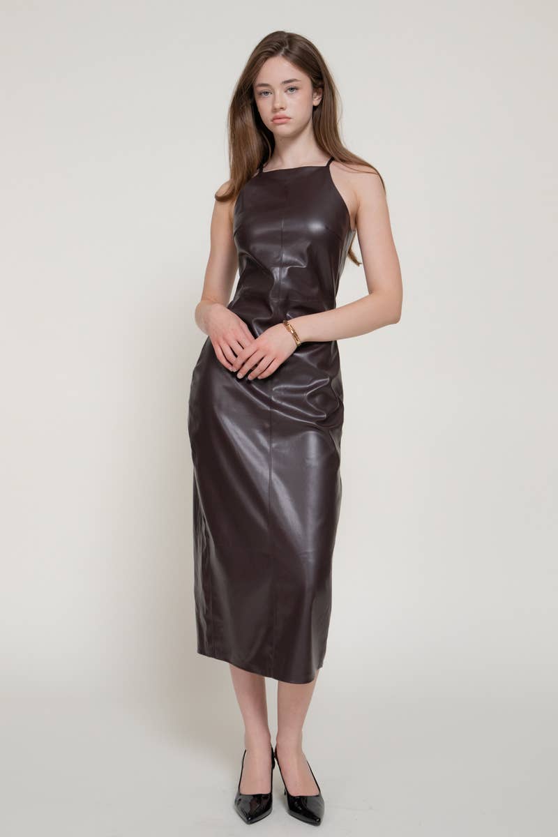 Halter Neck Faux Leather Long Dress