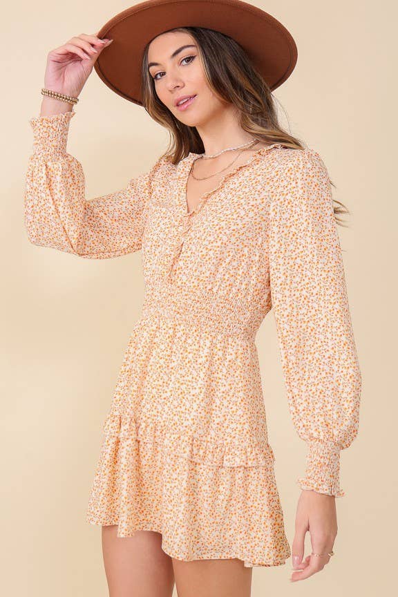 Floral Print Short V Neck  Dress