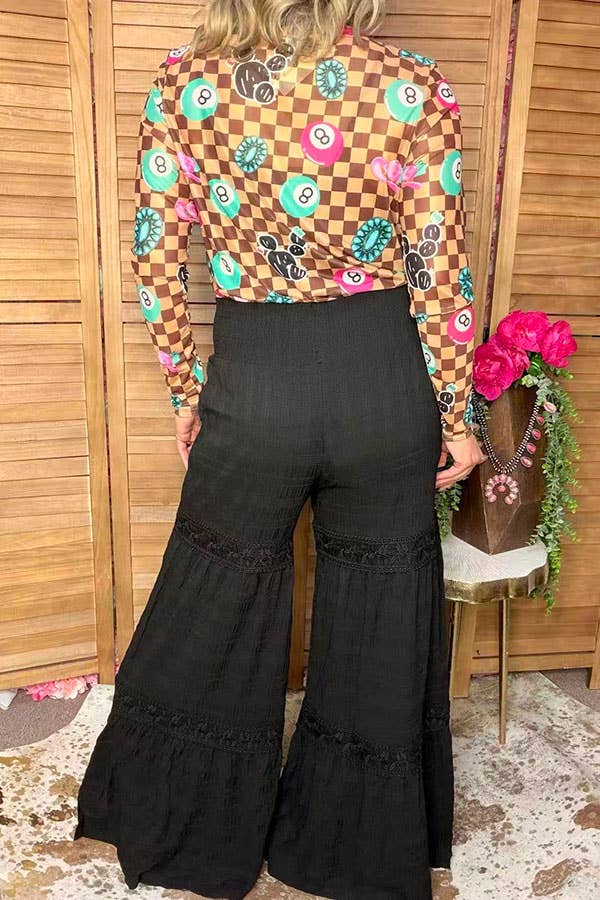 Western solid black wide leg women's boutique pant XCH17319