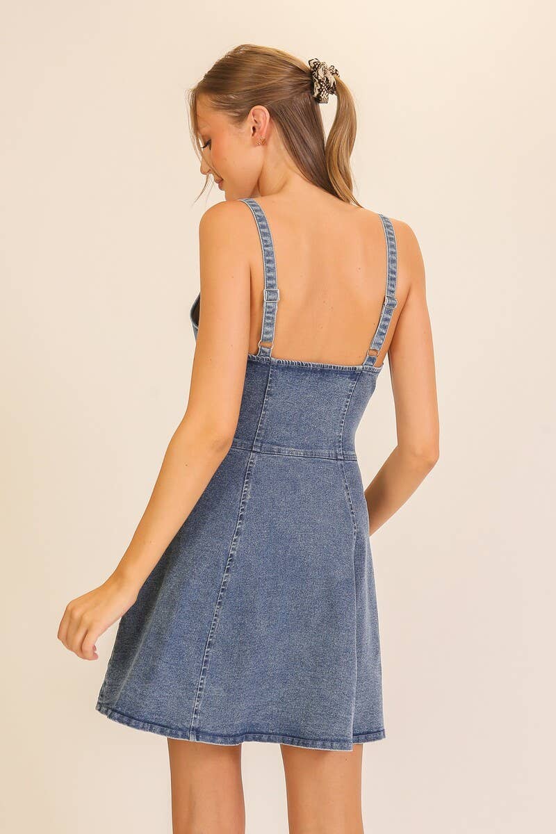 0518 V-neck Fit & Flare Stretch Denim Dress SI-29841