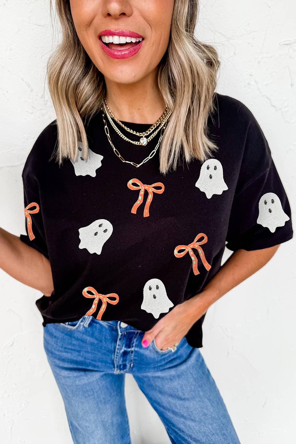 LDC Sequin Bow Ghost Patched Halloween Graphic Tee