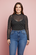 LALA LOO Plus Size Polka Dot Mesh Mock Neck Top