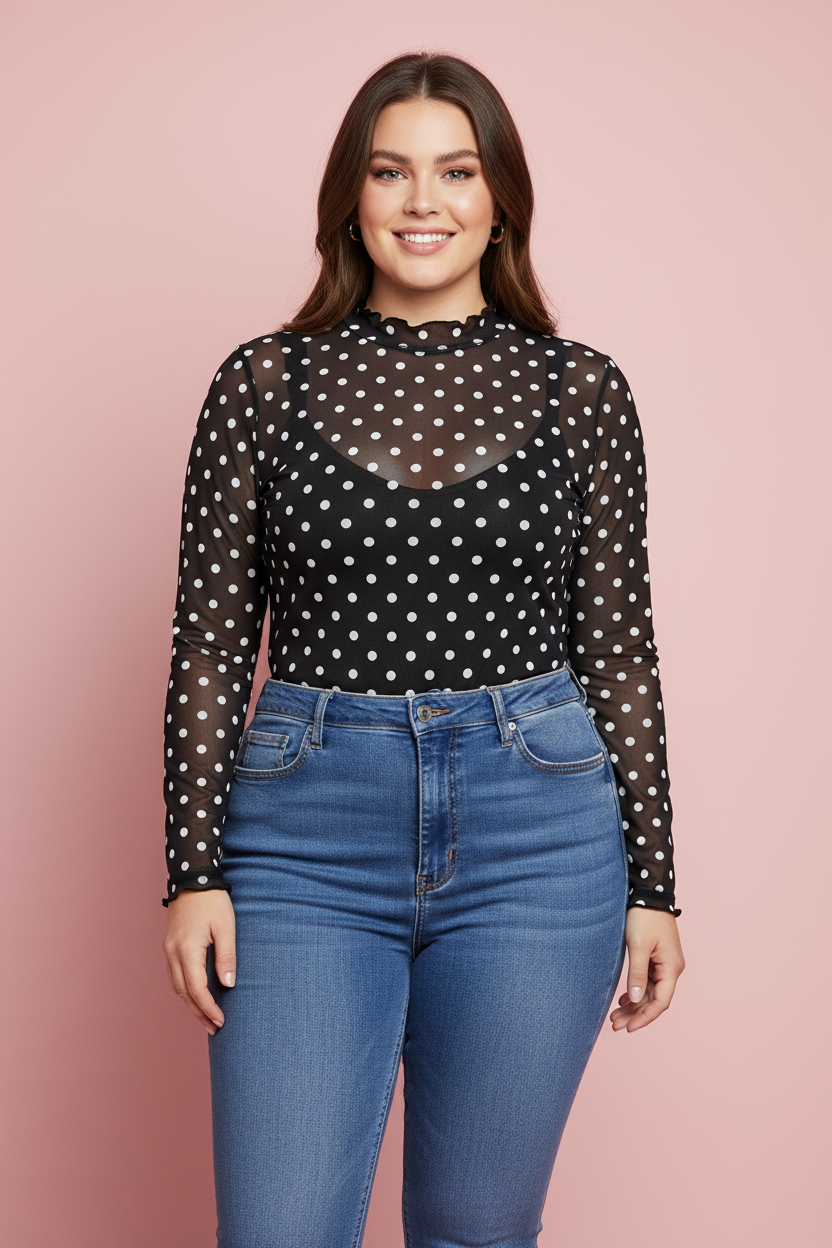 LALA LOO Plus Size Polka Dot Mesh Mock Neck Top