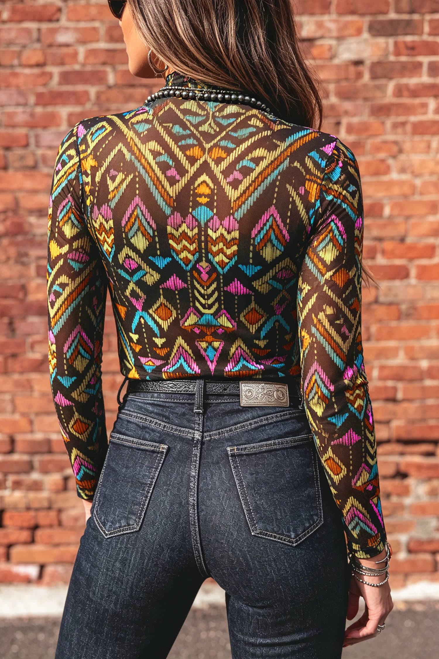 66 Fall 26 Abstract Pattern Mock Neck Mesh Top (S-XL)