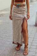 Western Cheetah Ruched High Waist Lace Splicing Slit Skirt