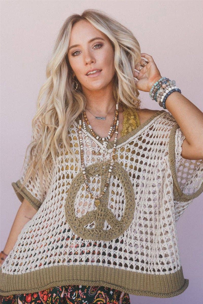 Peace Sign Knit Hooded Sweater