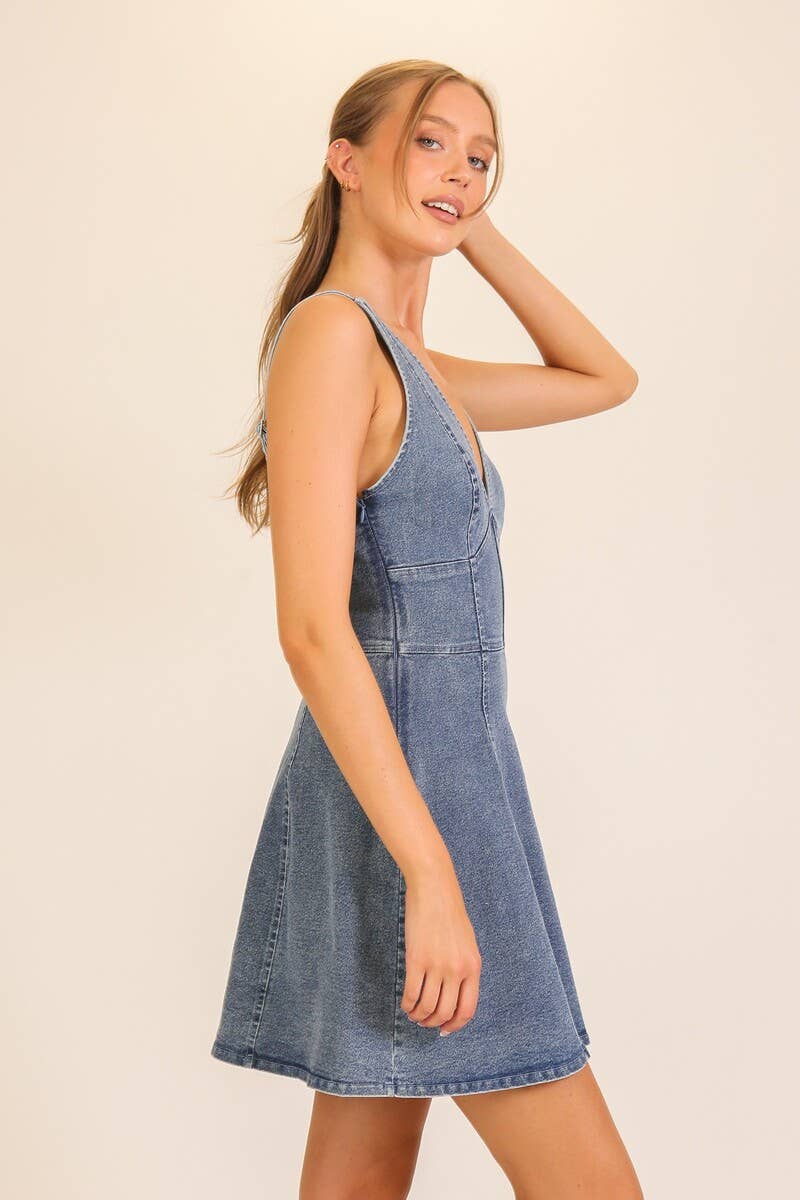 0518 V-neck Fit & Flare Stretch Denim Dress SI-29841