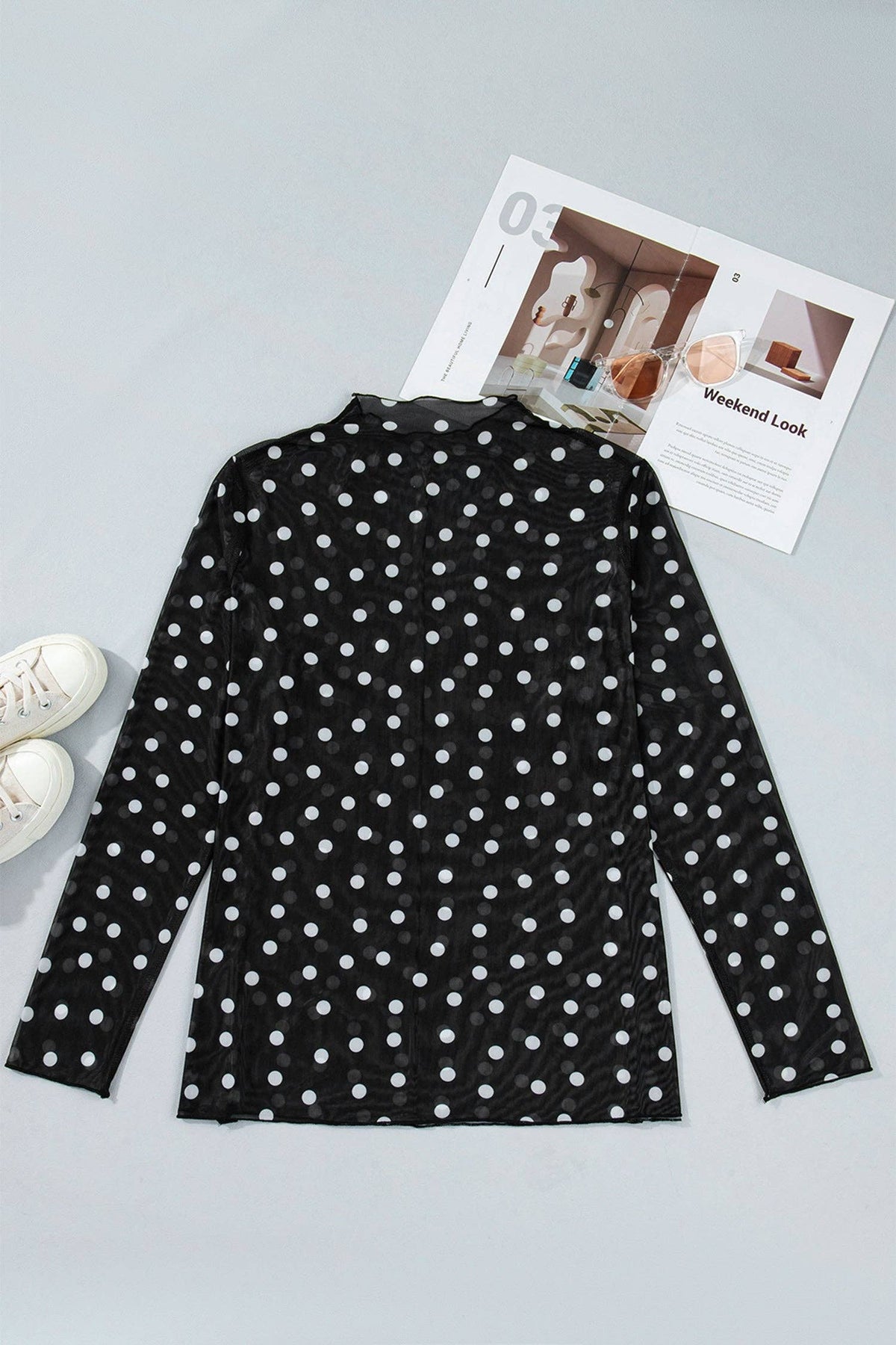 LALA LOO Plus Size Polka Dot Mesh Mock Neck Top