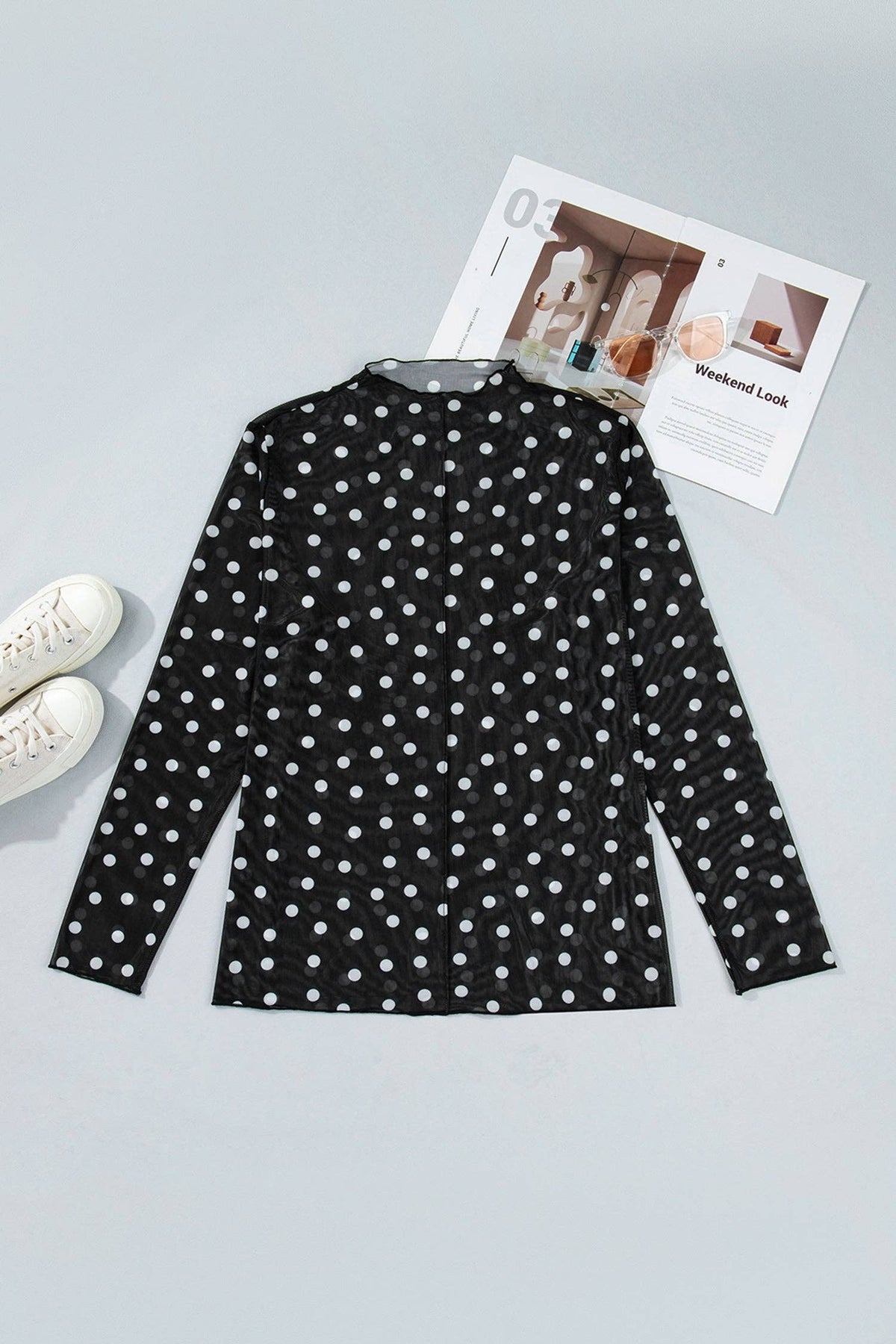LALA LOO Plus Size Polka Dot Mesh Mock Neck Top