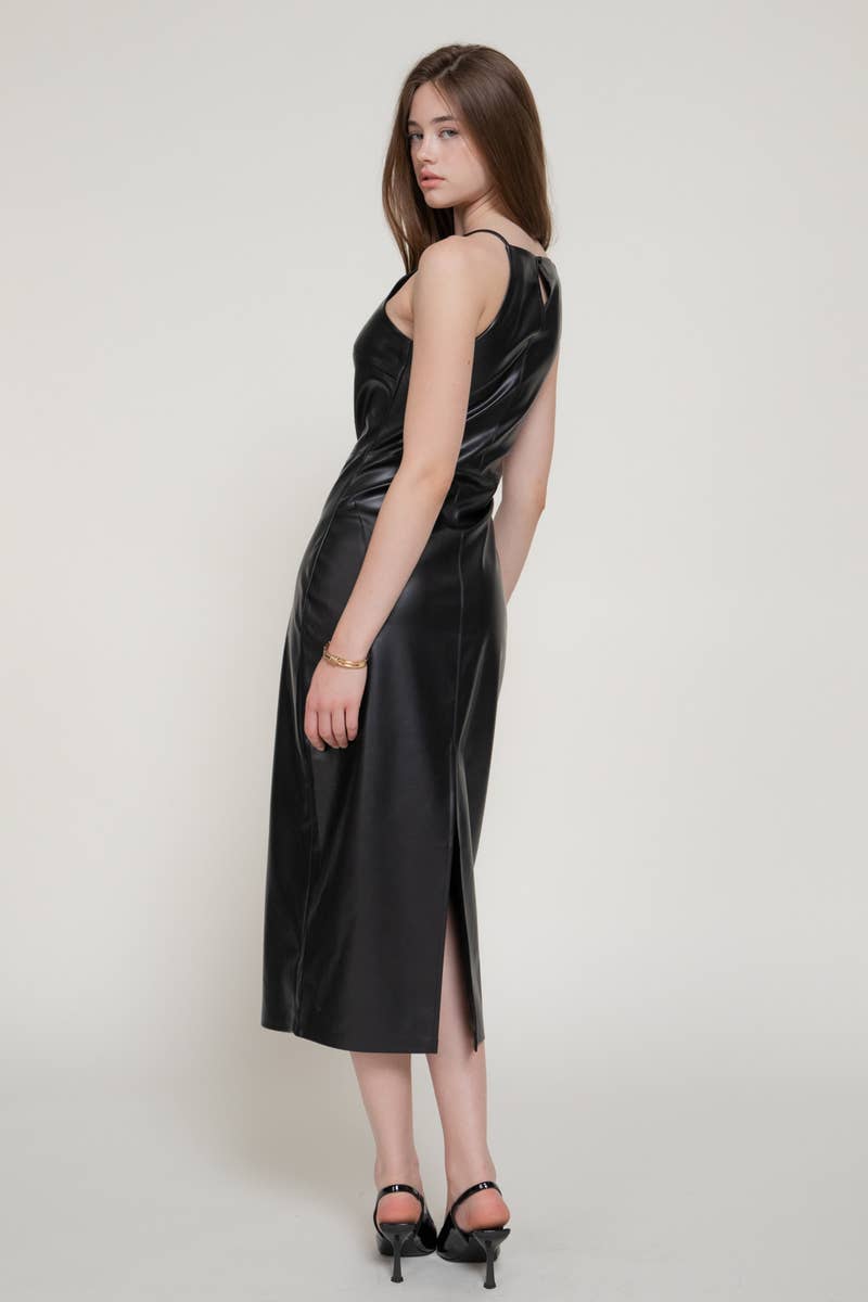Halter Neck Faux Leather Long Dress