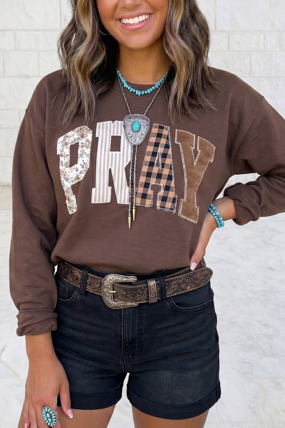 PRAY Letter Embroidered Western Pullover Sweatshirt S-4X