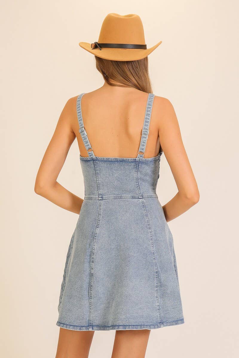 0518 V-neck Fit & Flare Stretch Denim Dress SI-29841