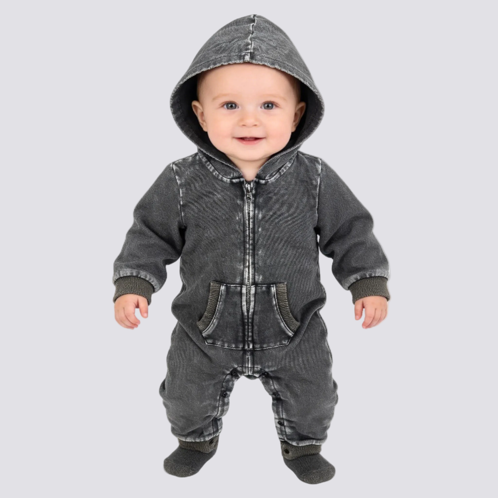 Kapital K Baby Black Mineral Wash Hooded Fleece Romper