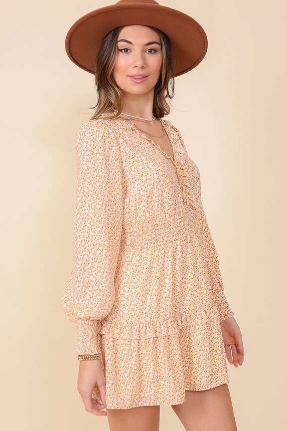 Floral Print Short V Neck  Dress