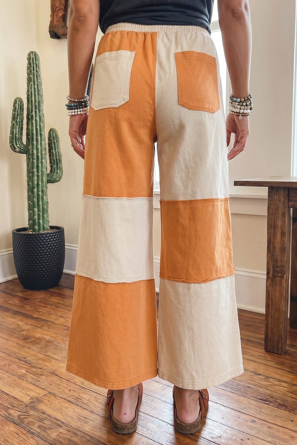 66 High Waist Color Block Patchwork Wide Leg Pants (S-XL)