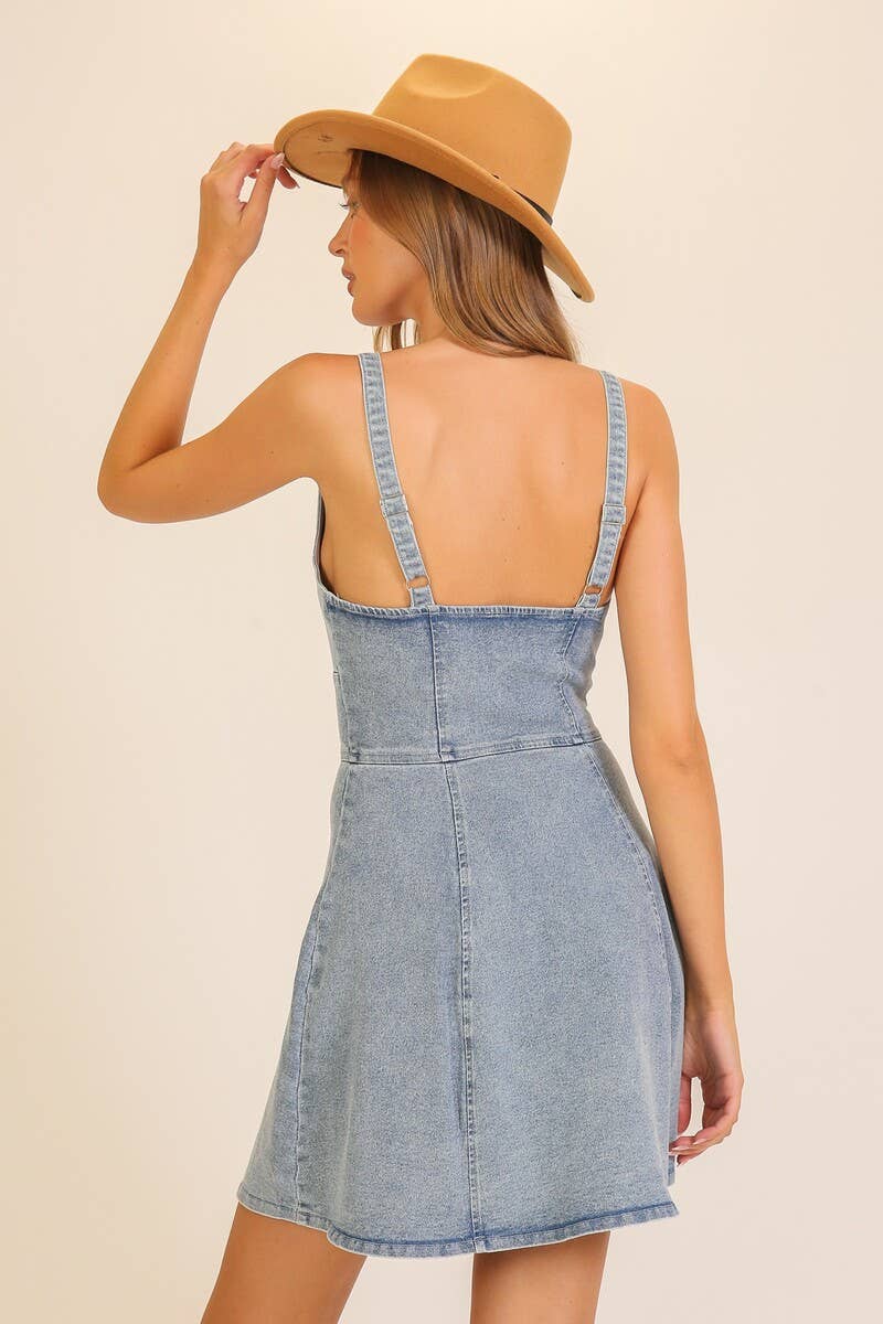 0518 V-neck Fit & Flare Stretch Denim Dress SI-29841