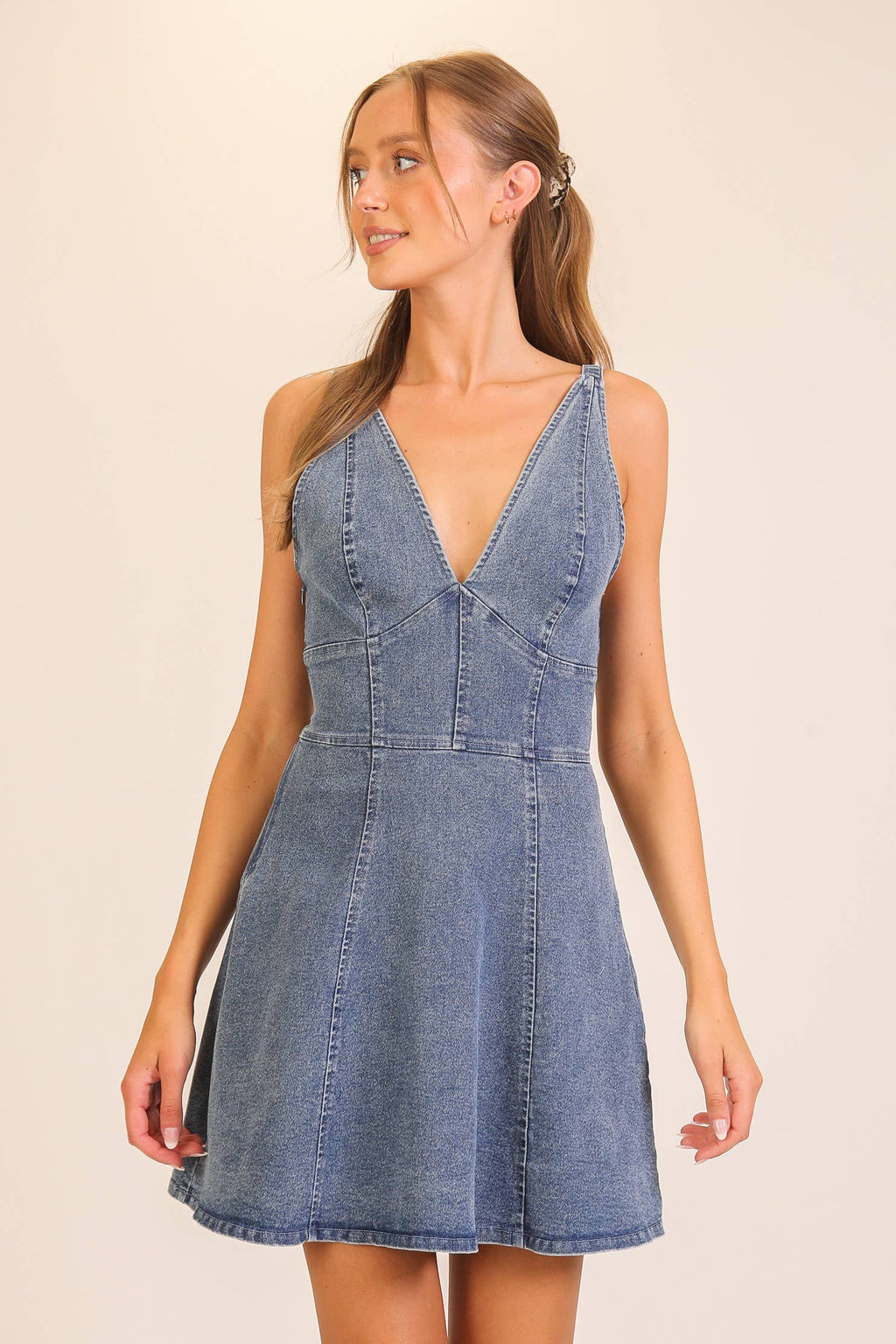 0518 V-neck Fit & Flare Stretch Denim Dress SI-29841