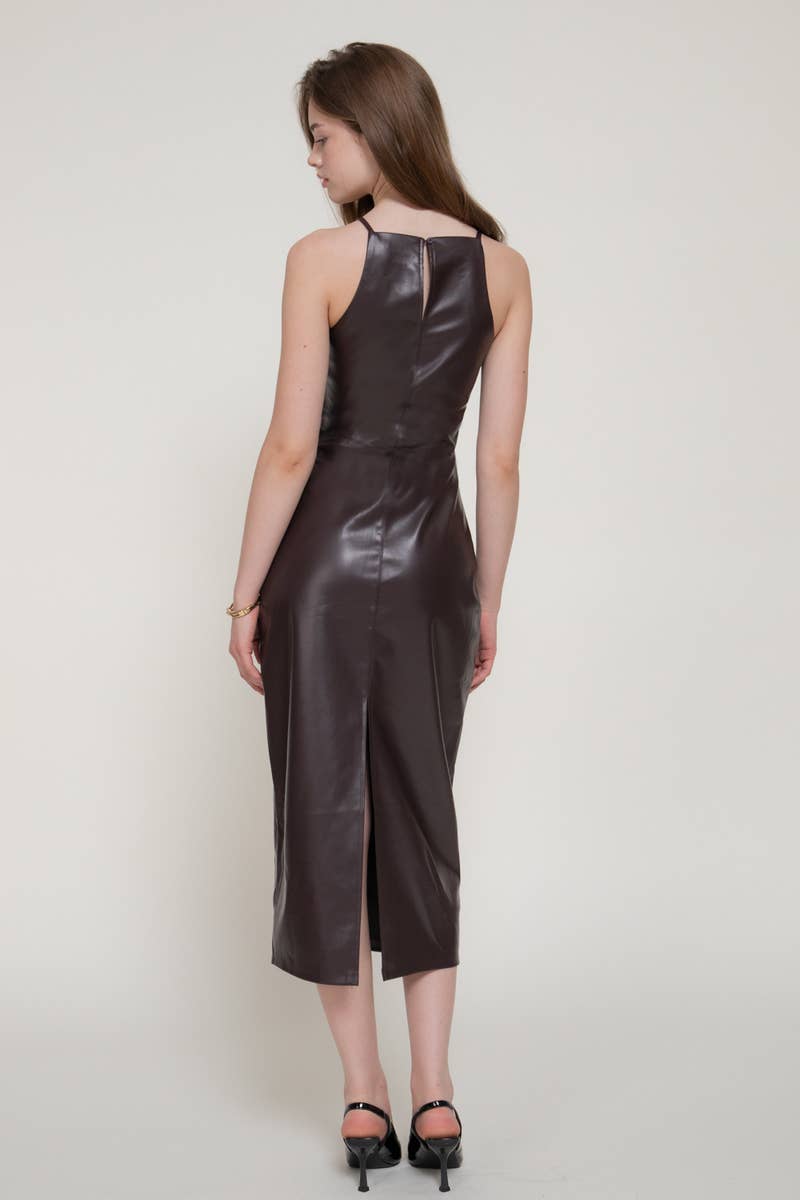 Halter Neck Faux Leather Long Dress