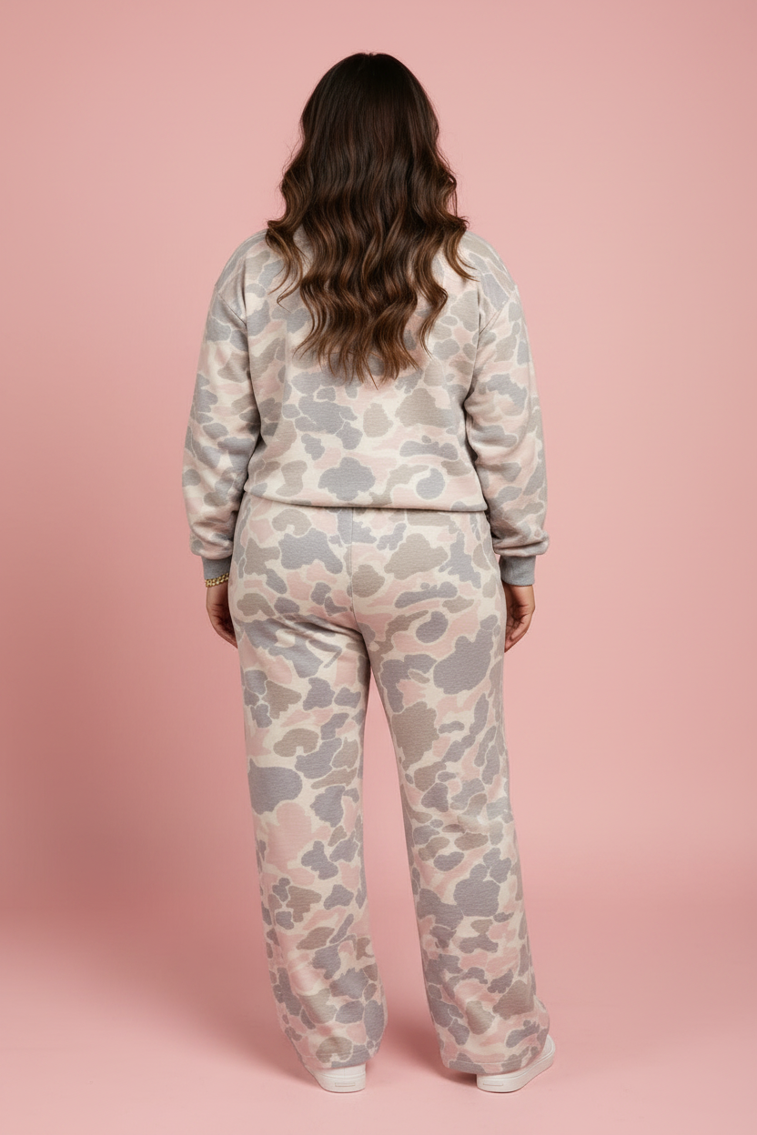 LALA LOO Plus Size Camo Long Sleeve Top & Elastic Waist Pants Set